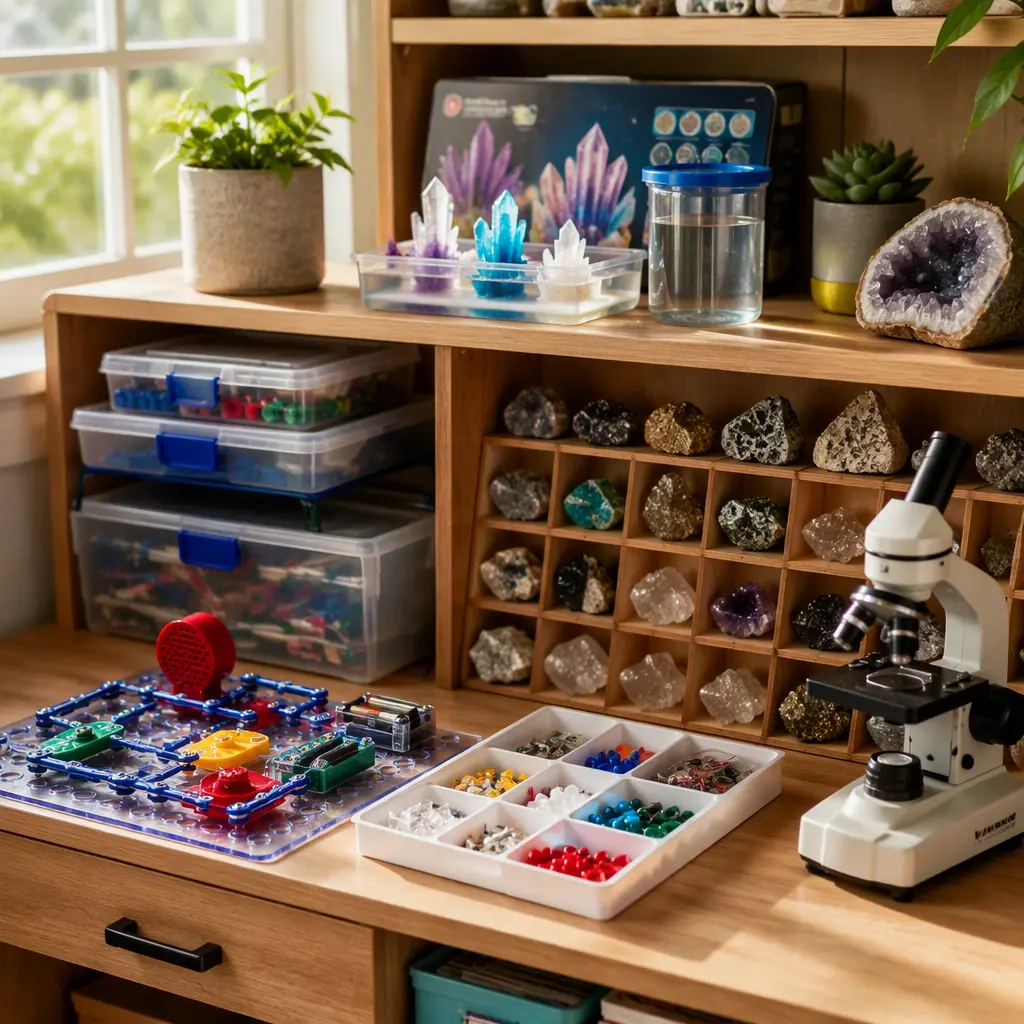 Different types of STEM kits for ages nine to twelve displayed on shelves