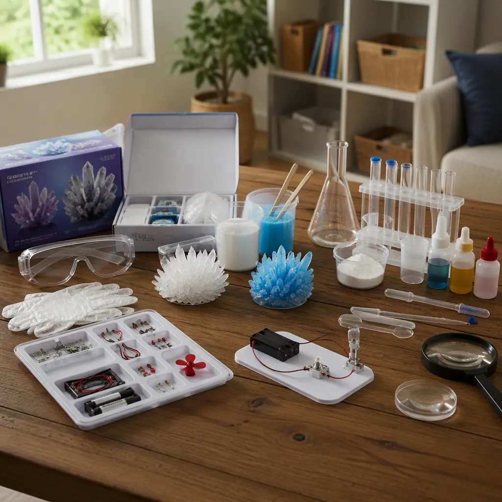 Beginner science kits for older children arranged on a table in soft natural light