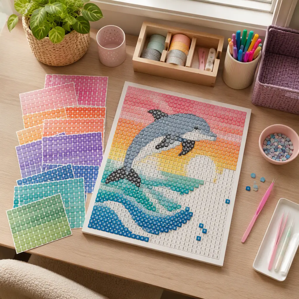 Partially completed sticker mosaic craft on a tidy desk