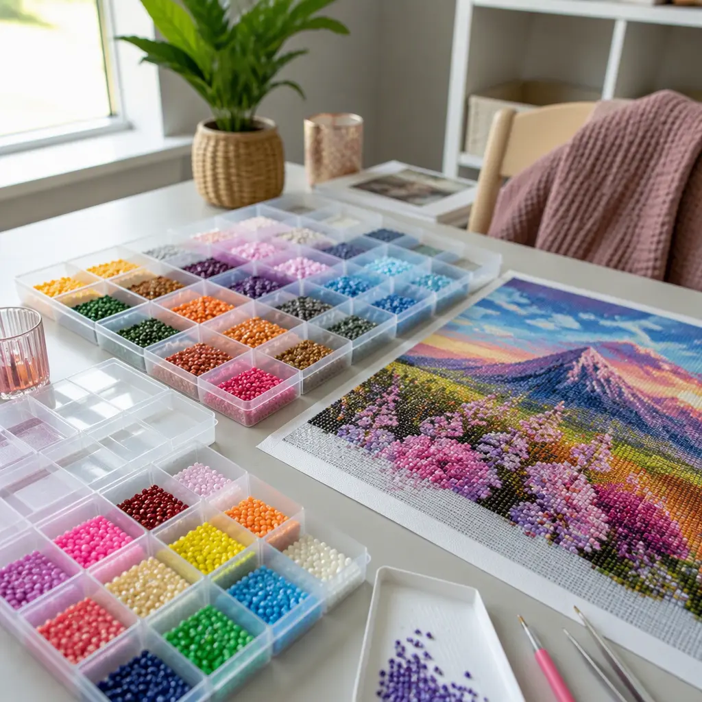 Diamond art supplies arranged neatly beside a partially completed canvas