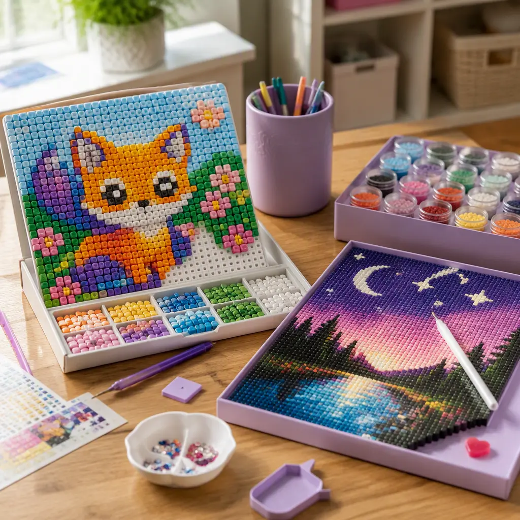 Sticker mosaic and diamond art craft kits arranged on a table in natural light