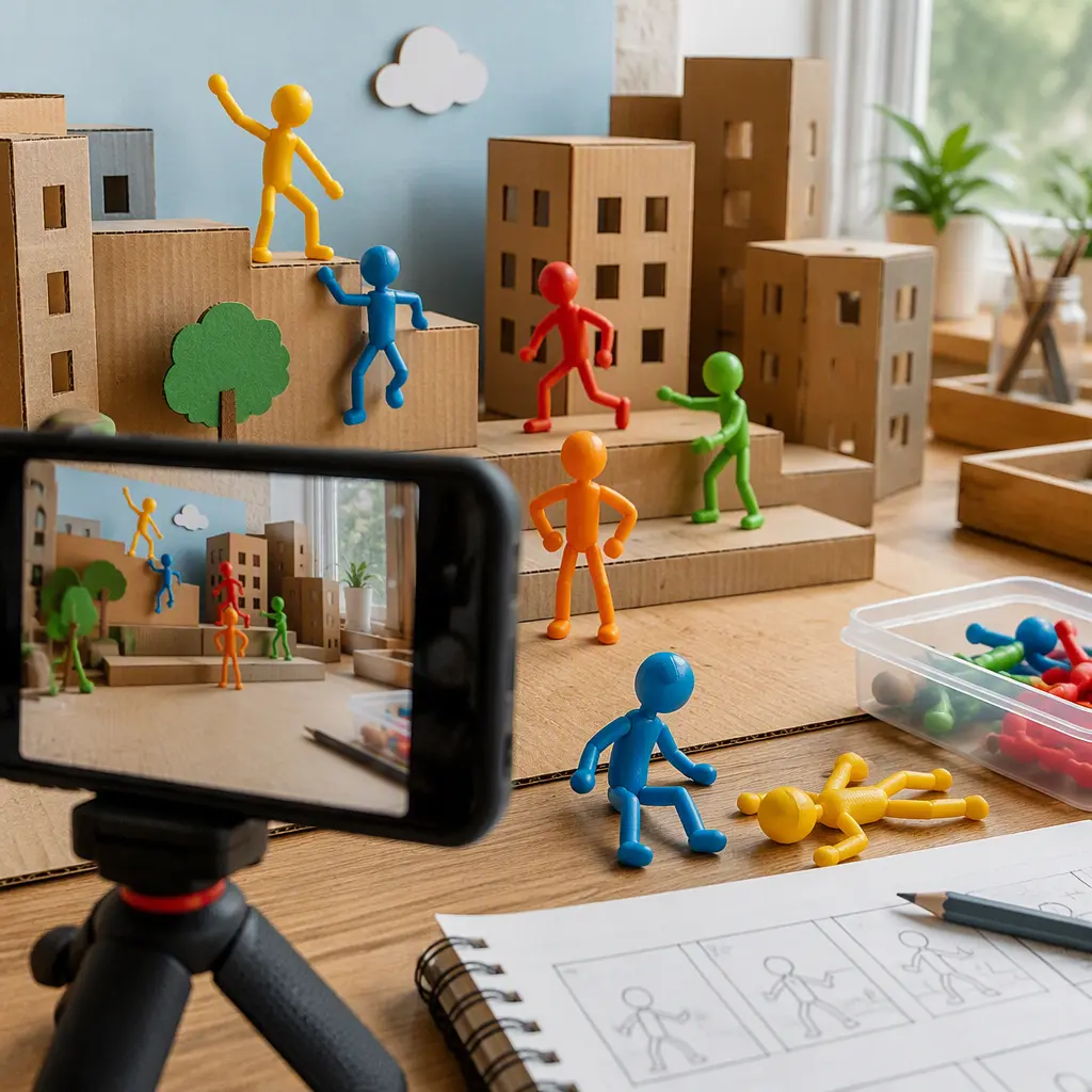 Poseable toy figures being used to create a stop-motion animation scene on a tabletop set