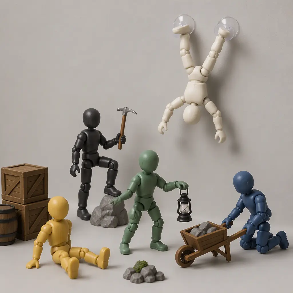 Assorted poseable stop-motion toy figures displayed with miniature props and climbing poses