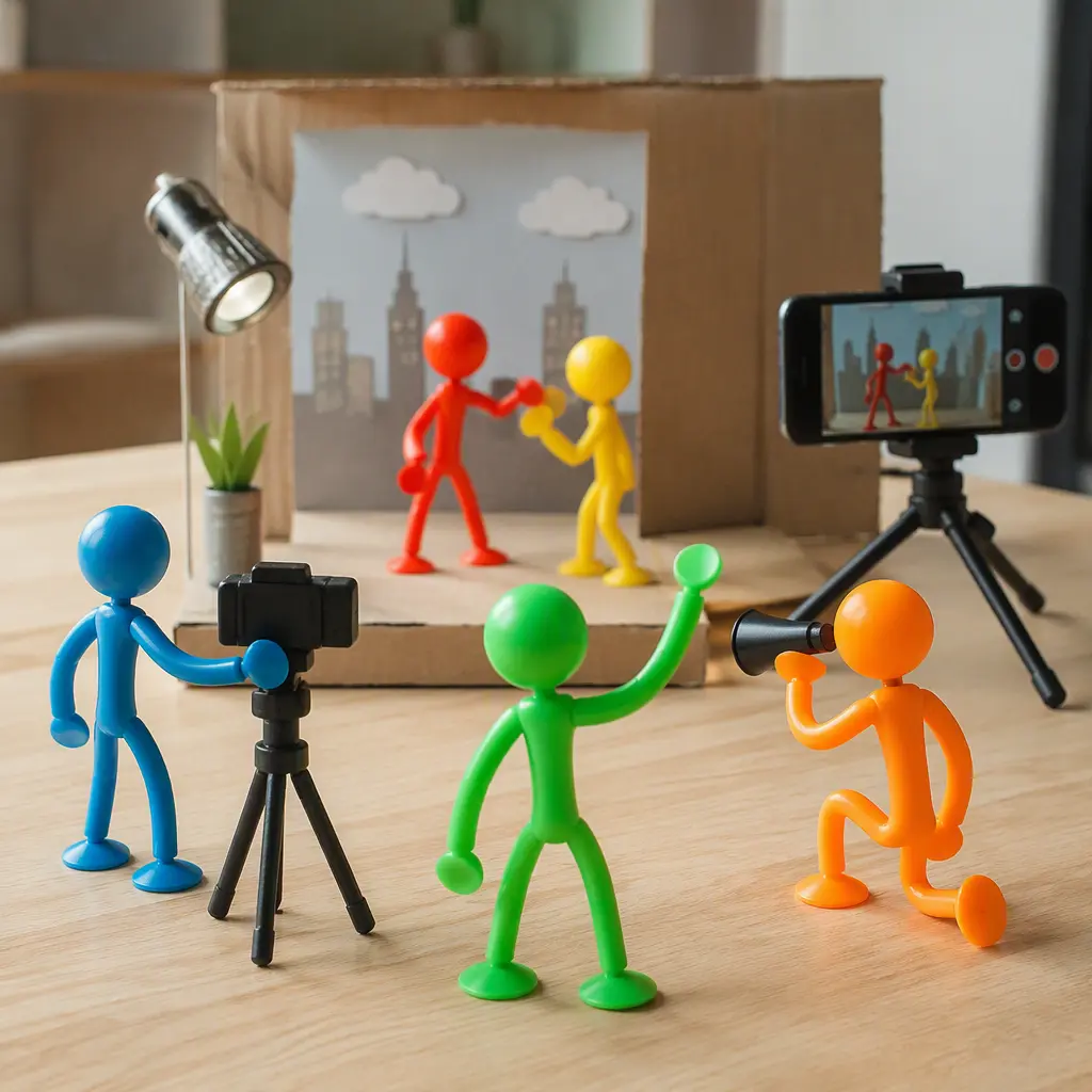 Poseable stick-figure toys arranged on a miniature stop-motion film set beside a smartphone camera