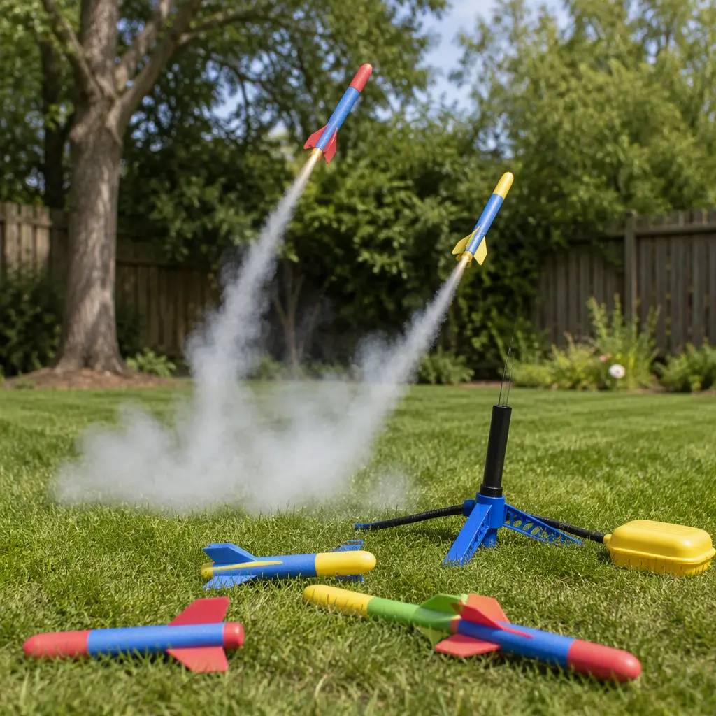 Foam rockets and an air launcher set up on a grassy backyard lawn