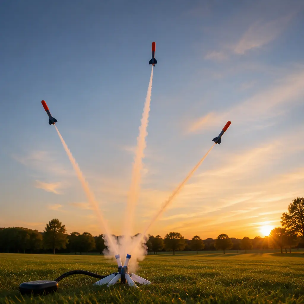 Foam rockets launching in a park during golden hour