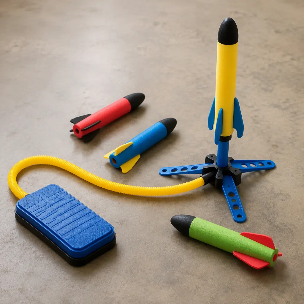 Foam air-powered rockets and launcher arranged in a bright studio setting