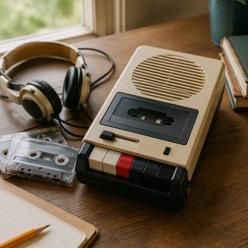 A retro handheld cassette recording toy displayed with headphones and cassette tapes.