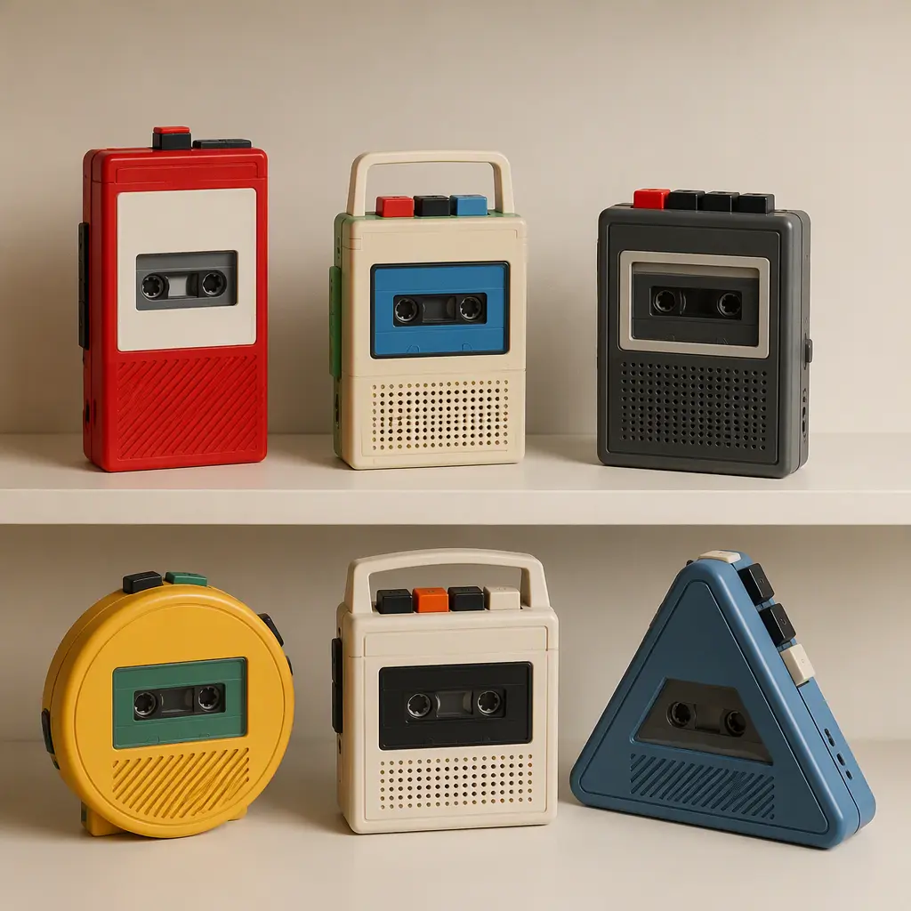 A group of retro-style cassette recording toys arranged on a shelf.