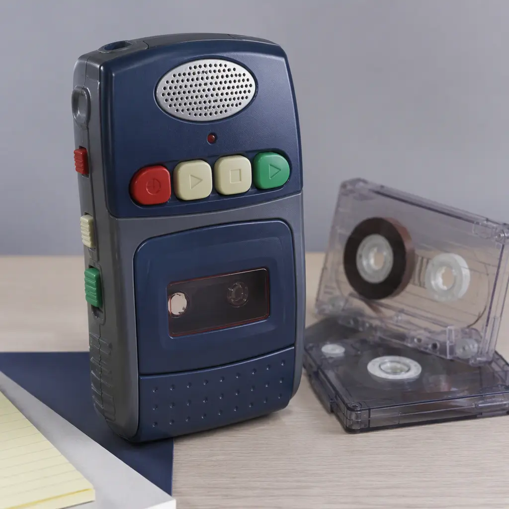 A handheld cassette voice recorder toy styled like a 1990s gadget on a desk with cassette tapes.