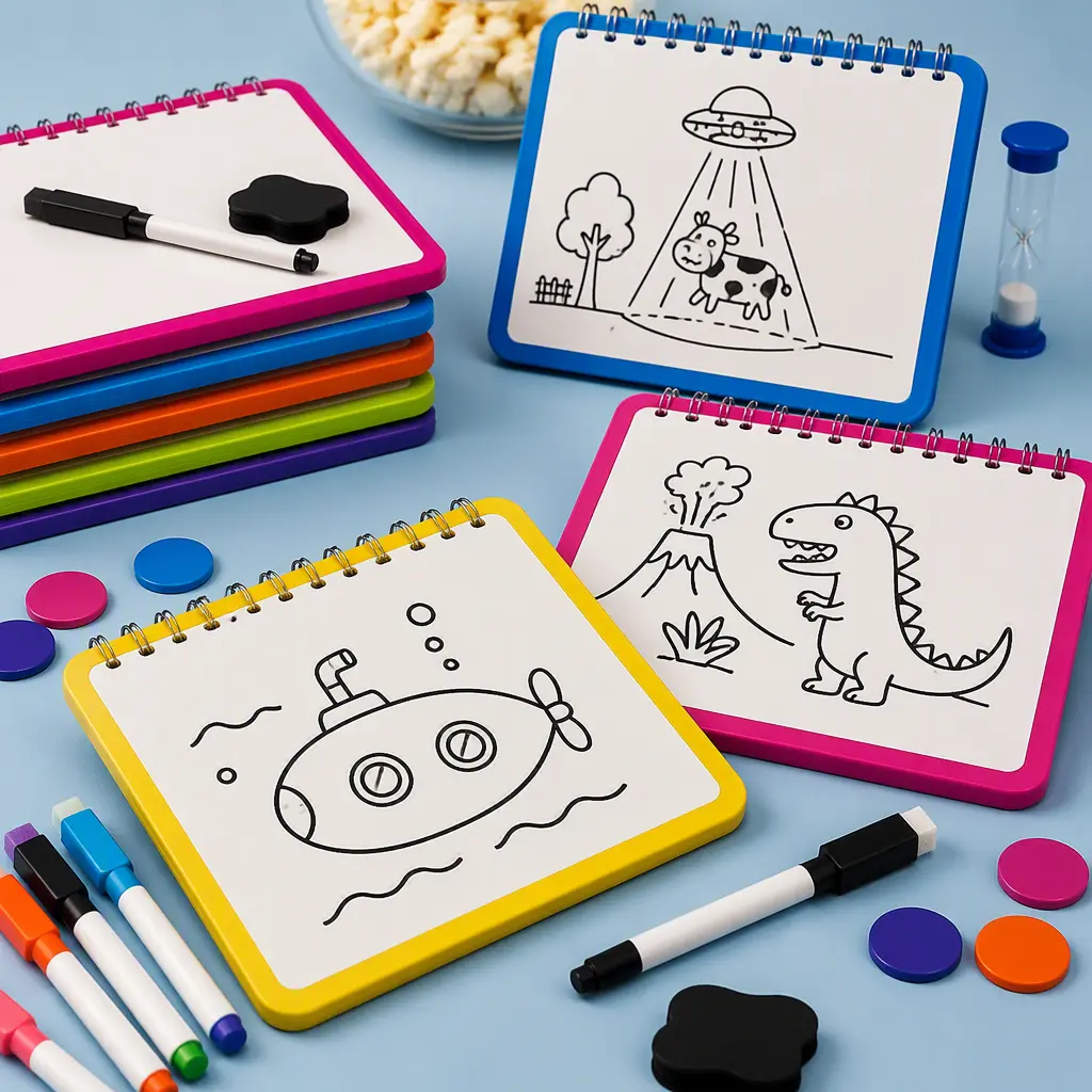 Dry erase sketch books and markers used in a drawing party game