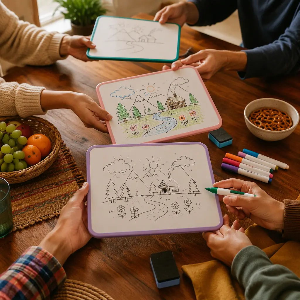 Sketch pads showing evolving drawings during a party game round