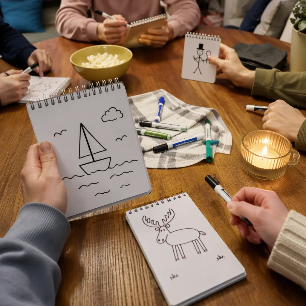 Drawing-and-guessing party game materials spread across a family table during play
