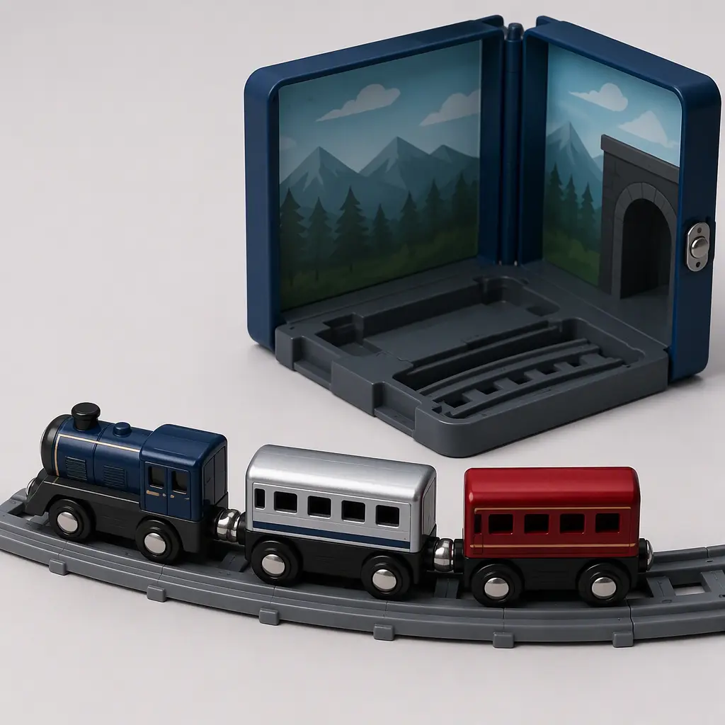 Portable toy trains connected on a small curved railway track beside a folding playset