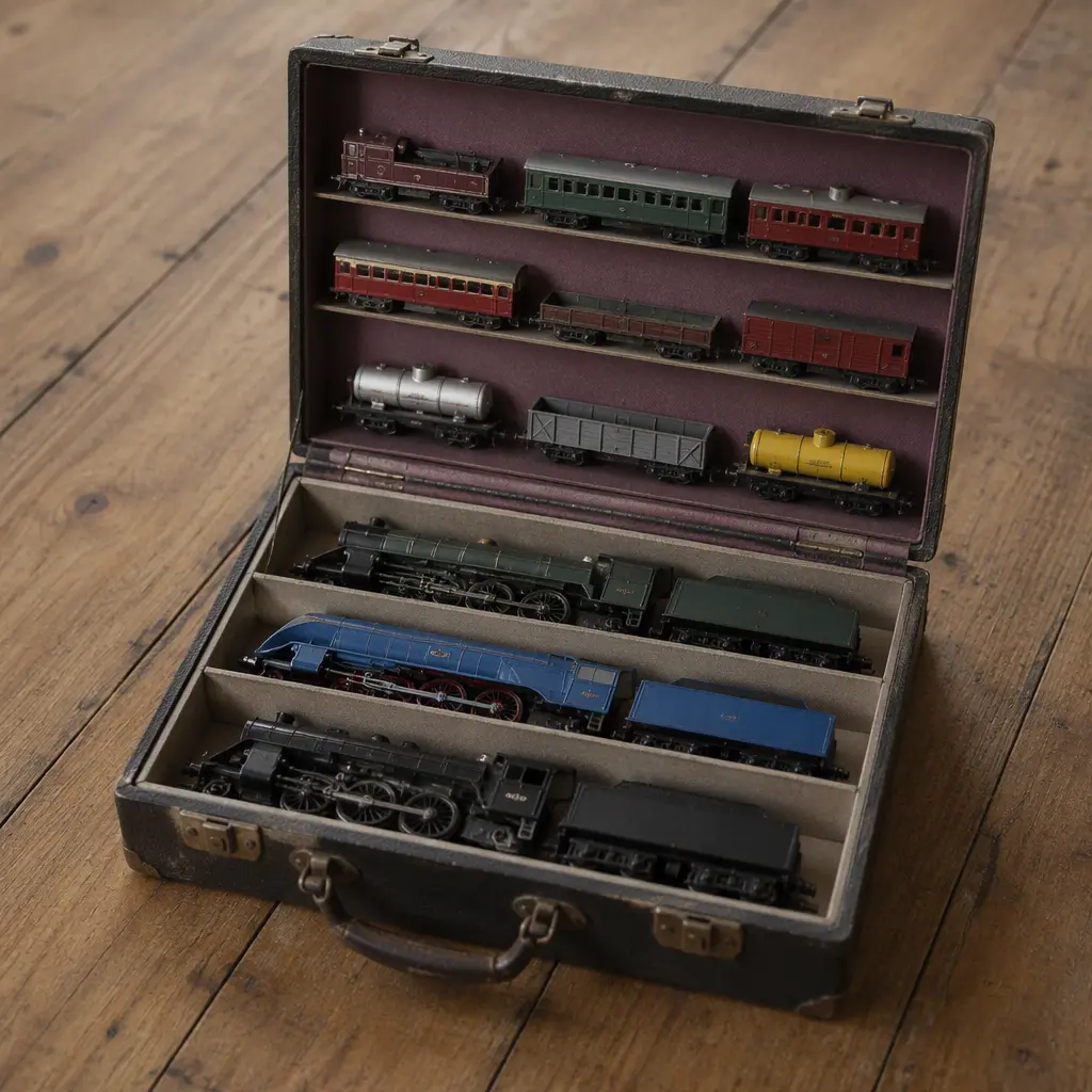 Small collectible toy trains stored inside a fold-out portable railway case