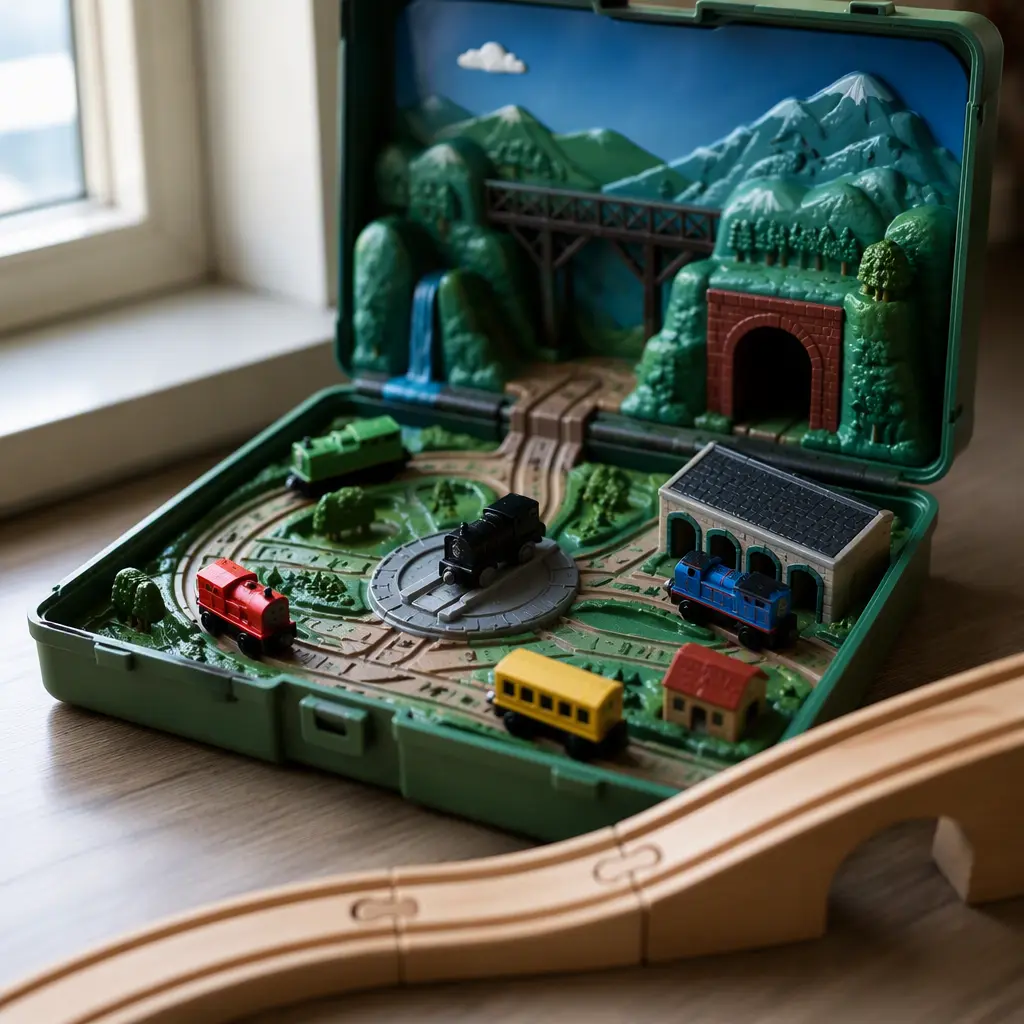 Small portable toy trains arranged on a compact railway playset in natural light