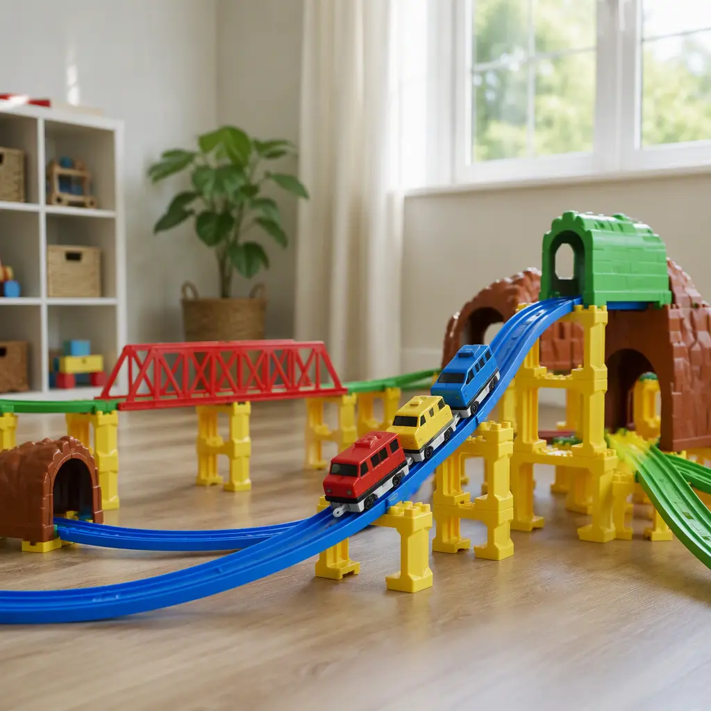 Battery-powered toy train traveling on elevated plastic track in a playroom