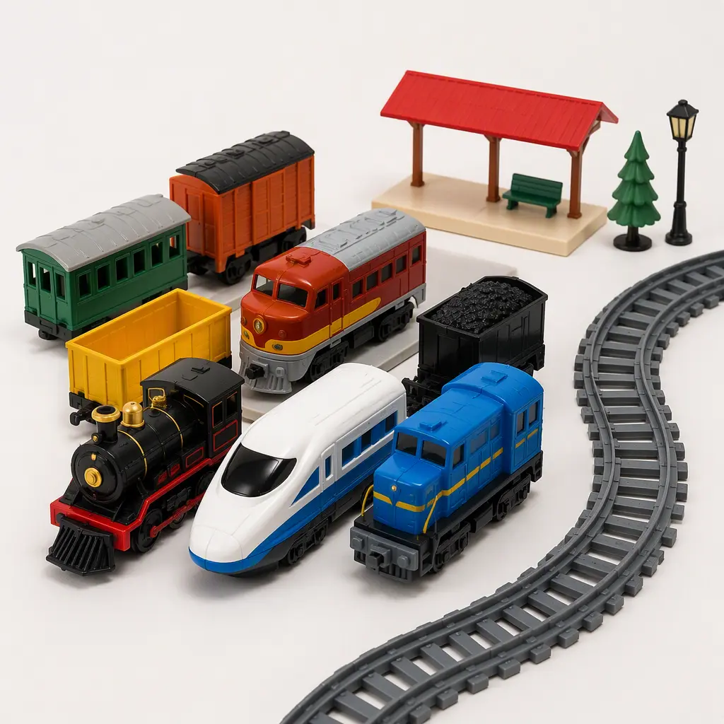 Collection of motorized toy trains and plastic railway accessories