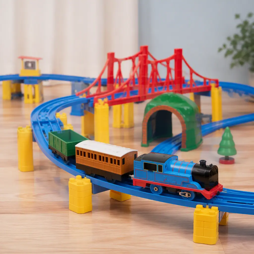 Motorized toy train running on a colorful plastic railway track set