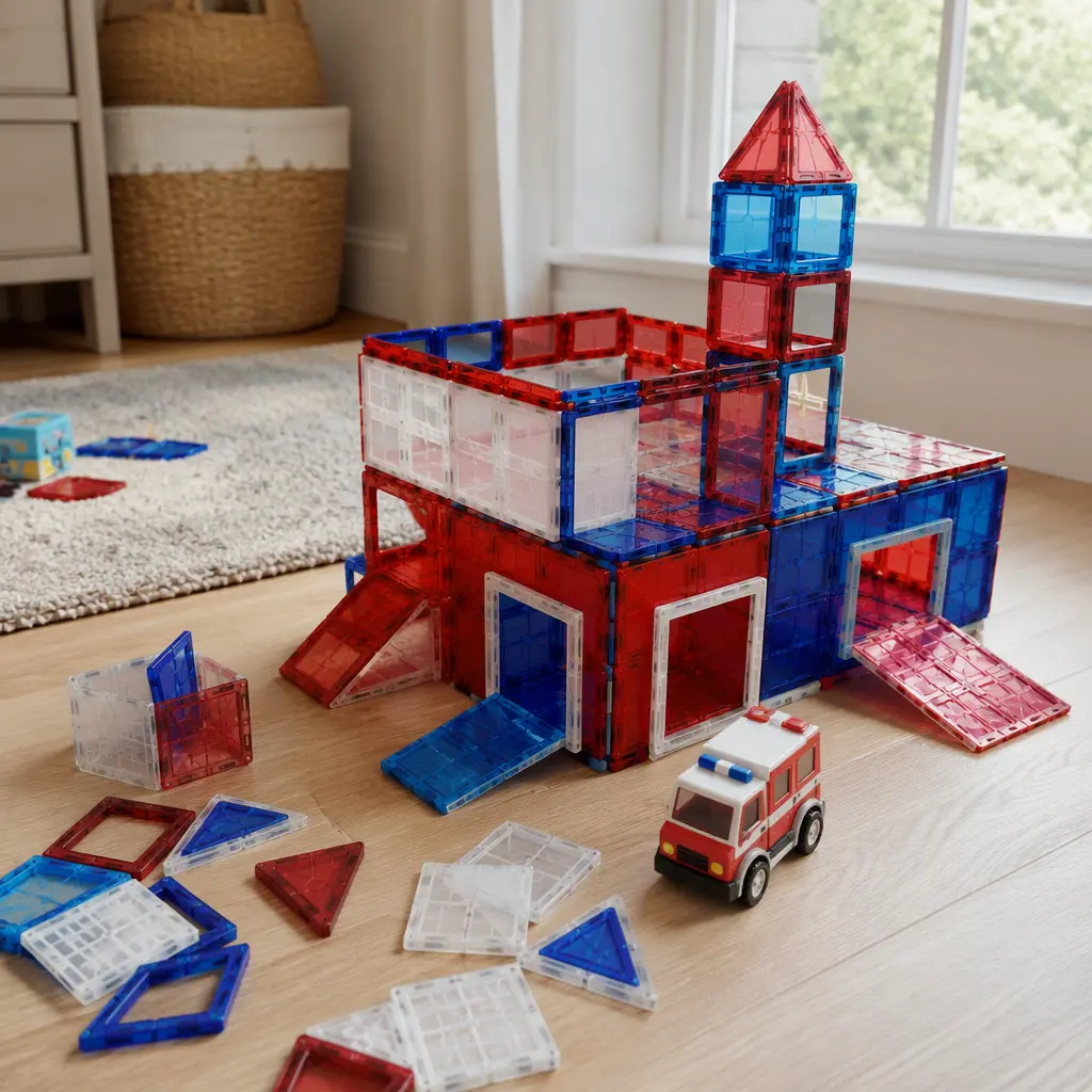 Assembled magnetic tile emergency station with vehicle and colorful translucent building pieces