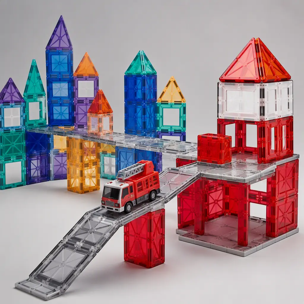 Expanded magnetic tile city layout connected to a fire station-themed build