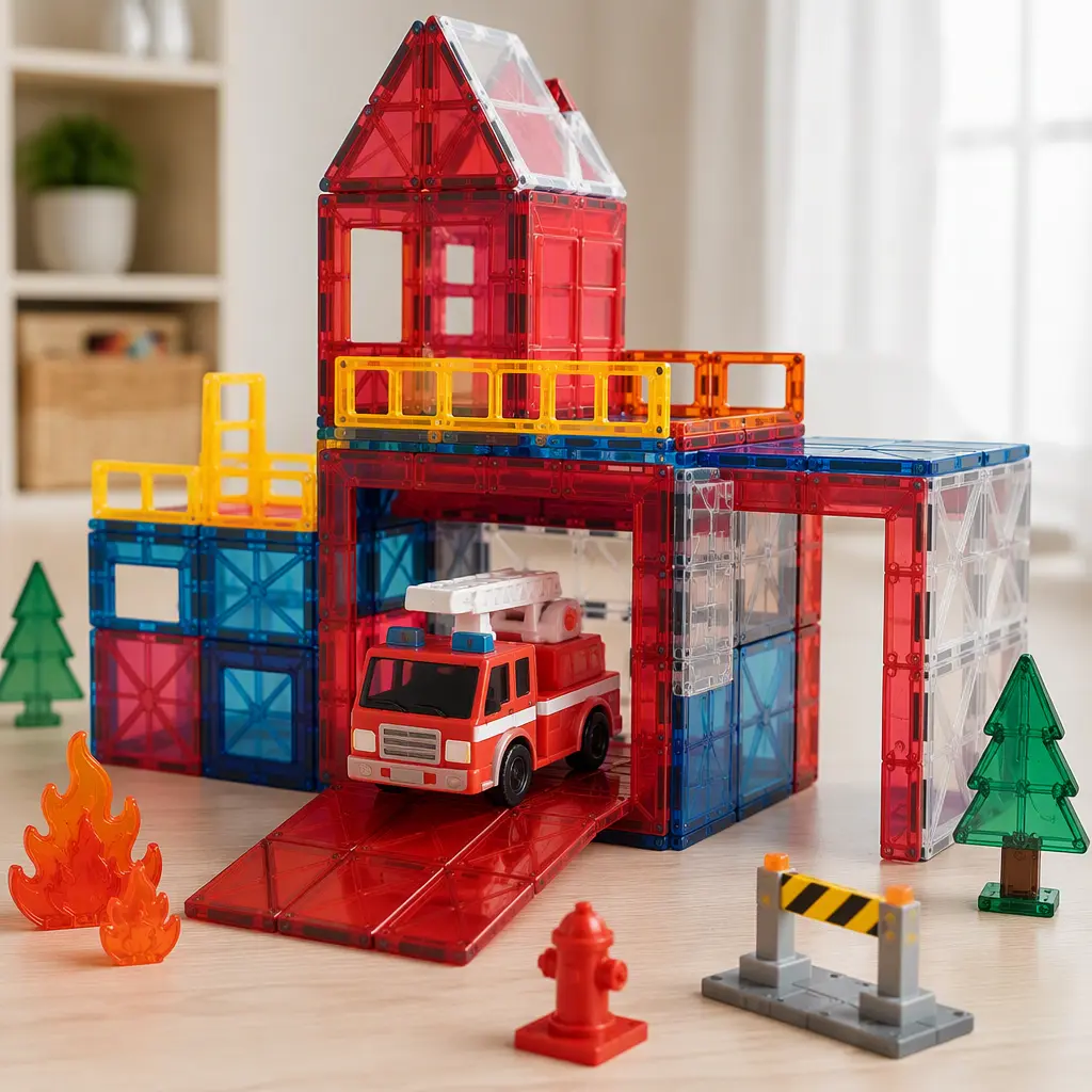 Magnetic tile fire station playset with translucent building pieces and emergency vehicle on a wooden surface