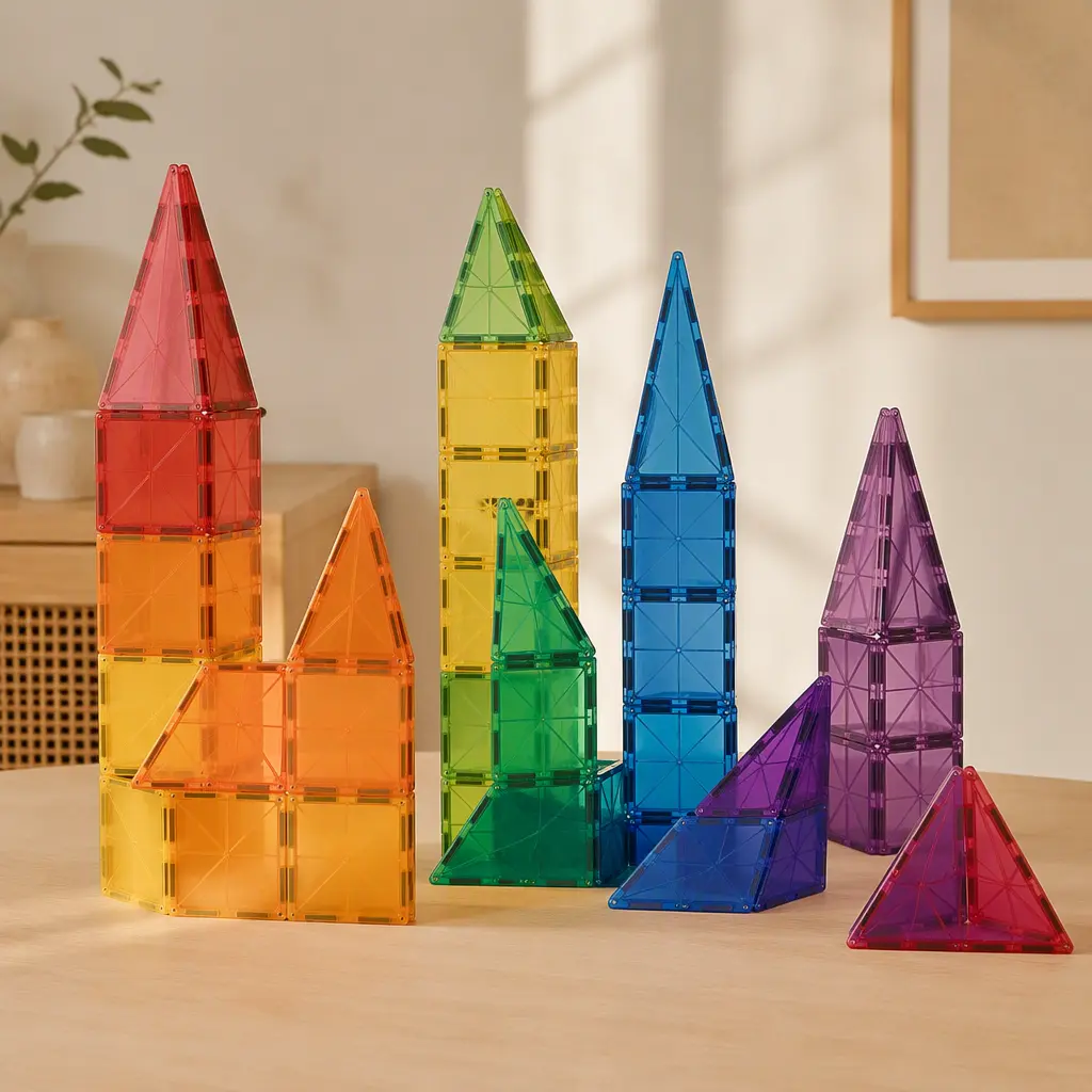 Magnetic rainbow tile structures built into geometric towers