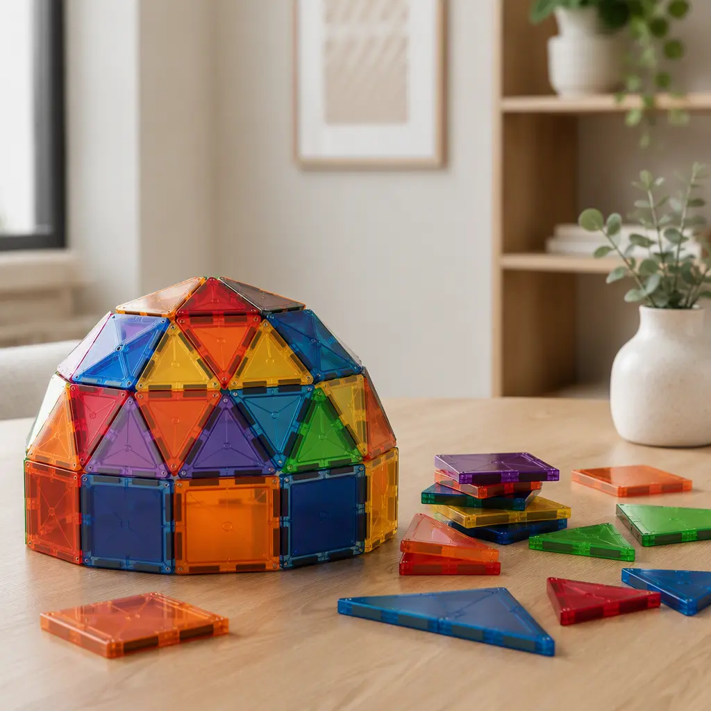 Colorful magnetic tiles assembled into a geometric dome