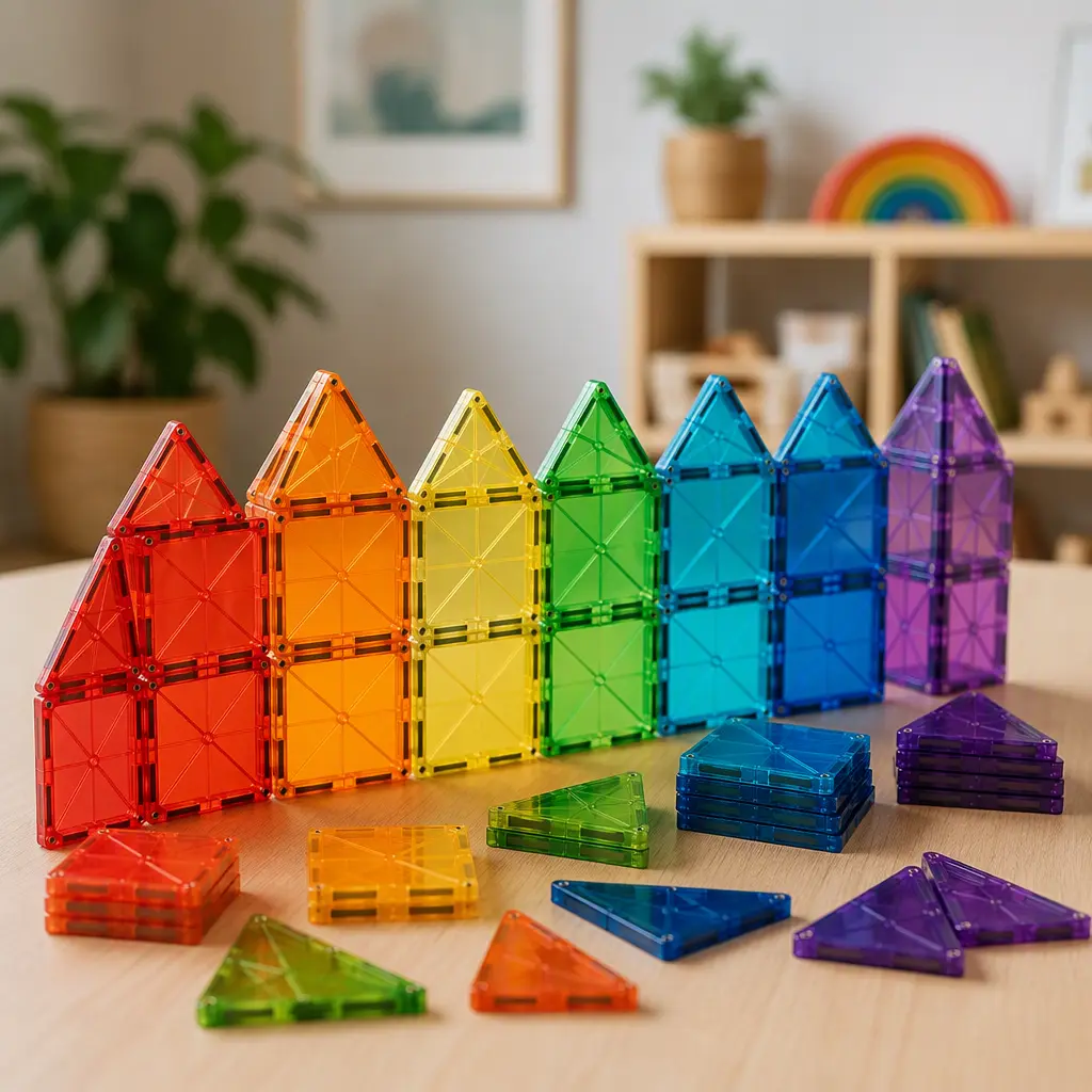Color-sorted magnetic building tiles arranged in rainbow gradients on a table
