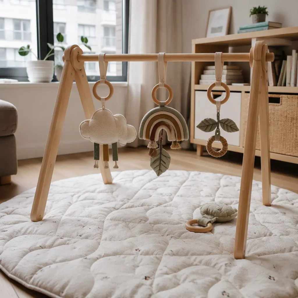 Wooden toy arch over a baby play mat in a small nursery
