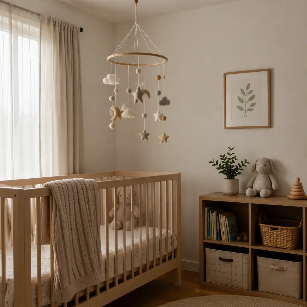 Neutral ceiling mobile hanging above a crib in a compact nursery
