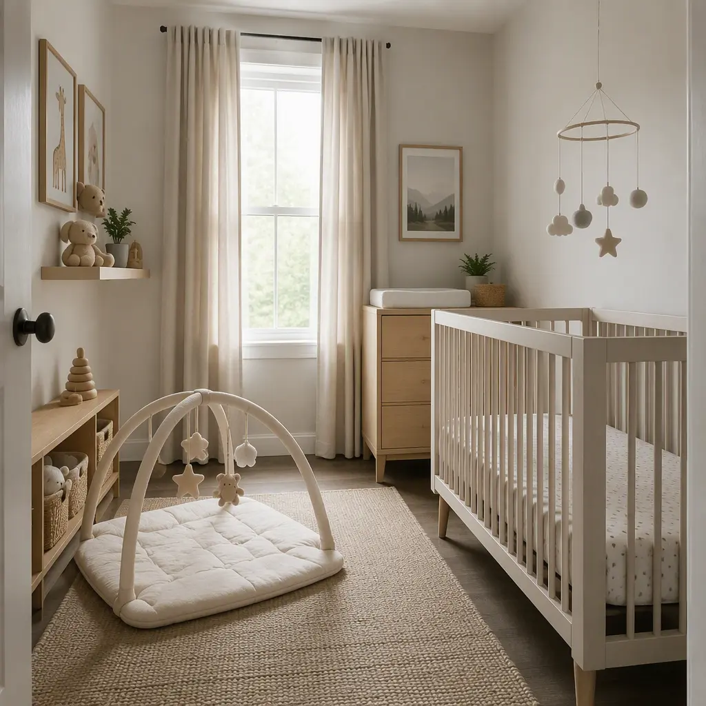 Small nursery featuring a toy arch and a ceiling mobile in a compact setup