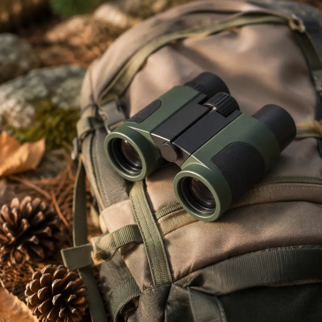 Toy binoculars beside outdoor nature items on a backpack