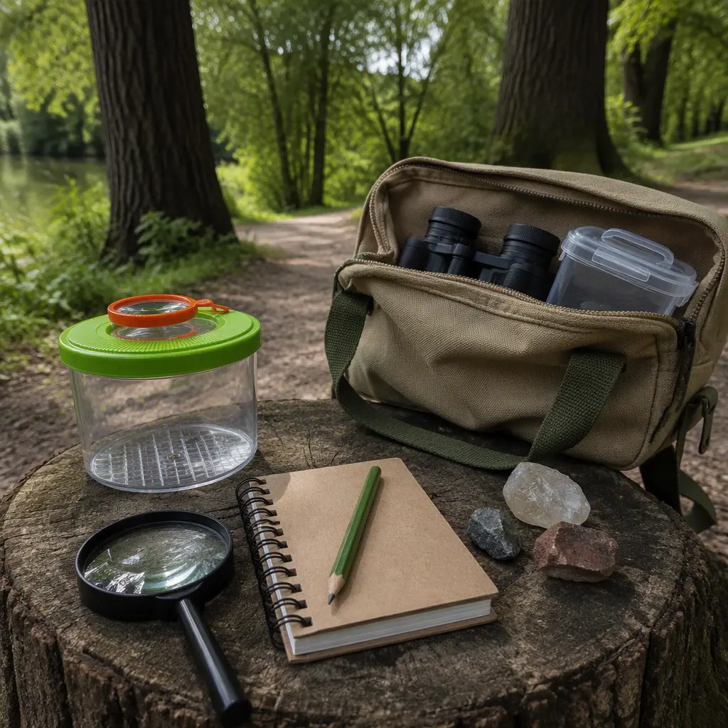 Nature exploration kit arranged outdoors on a tree stump
