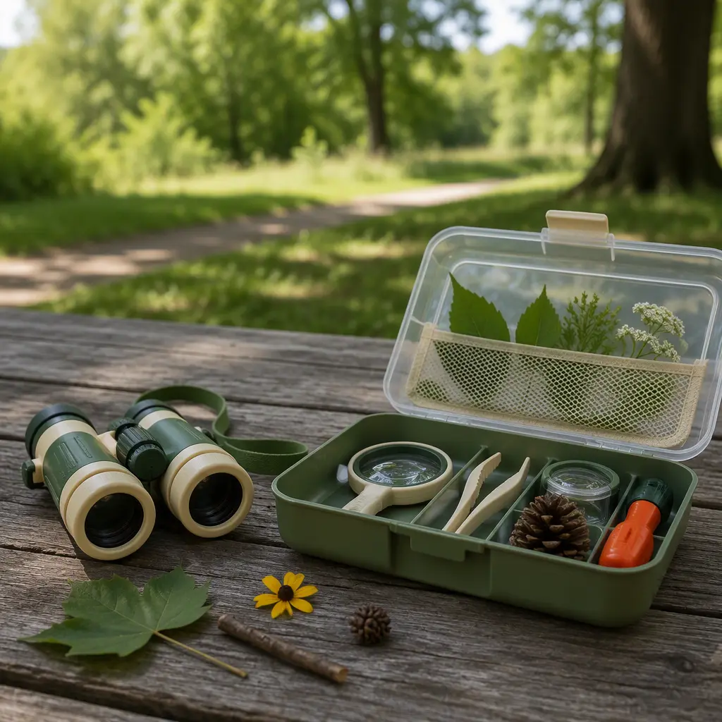 Toy binoculars and a nature exploration kit on an outdoor table in soft natural light