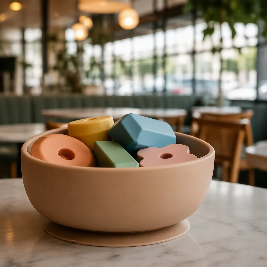Silicone toy bowl with toddler play items on a restaurant table