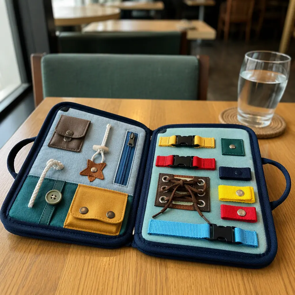 Compact fabric busy board on a restaurant table