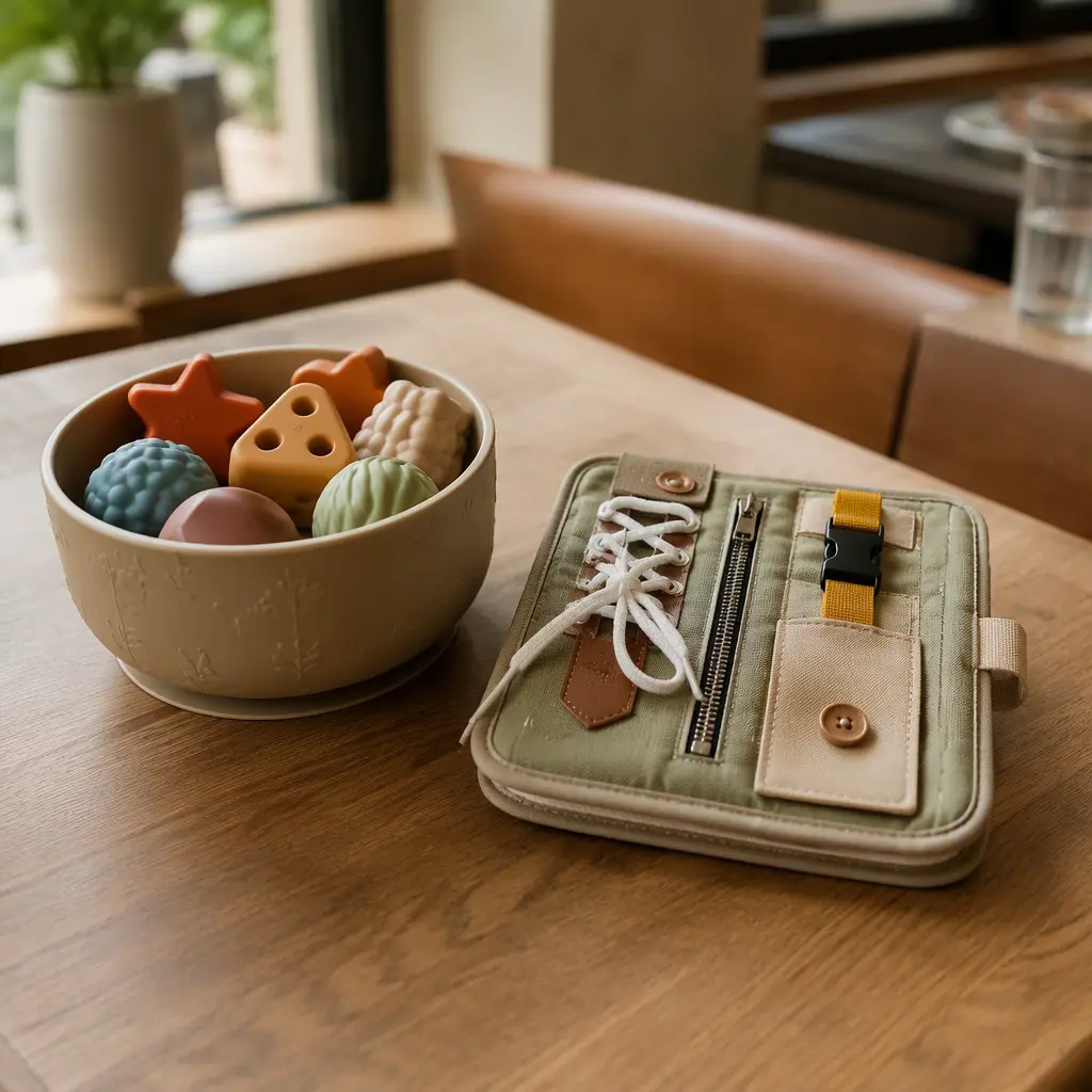 Toy bowl and compact busy board on a restaurant table in soft natural light