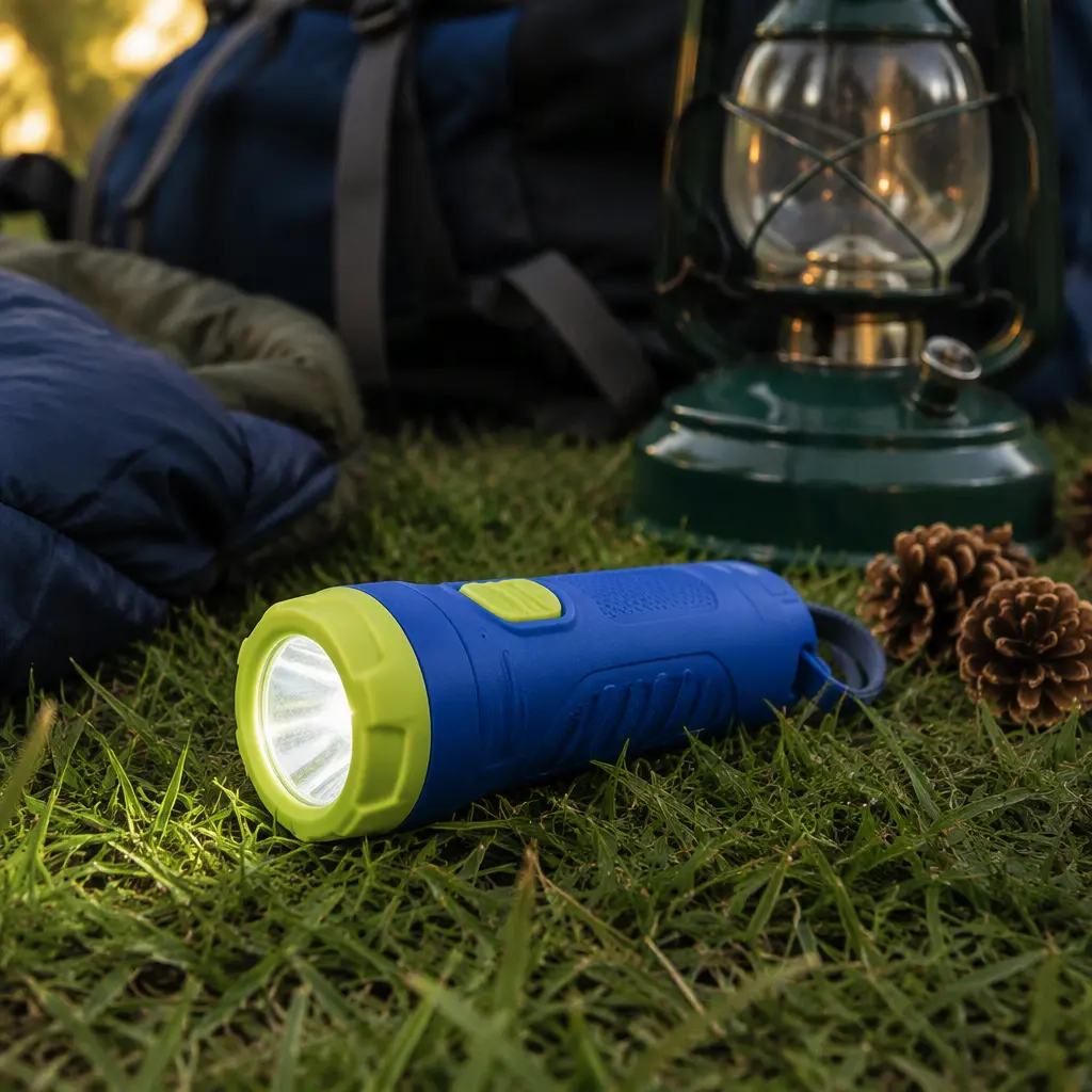 Child-friendly flashlight on grass in a backyard camping setup