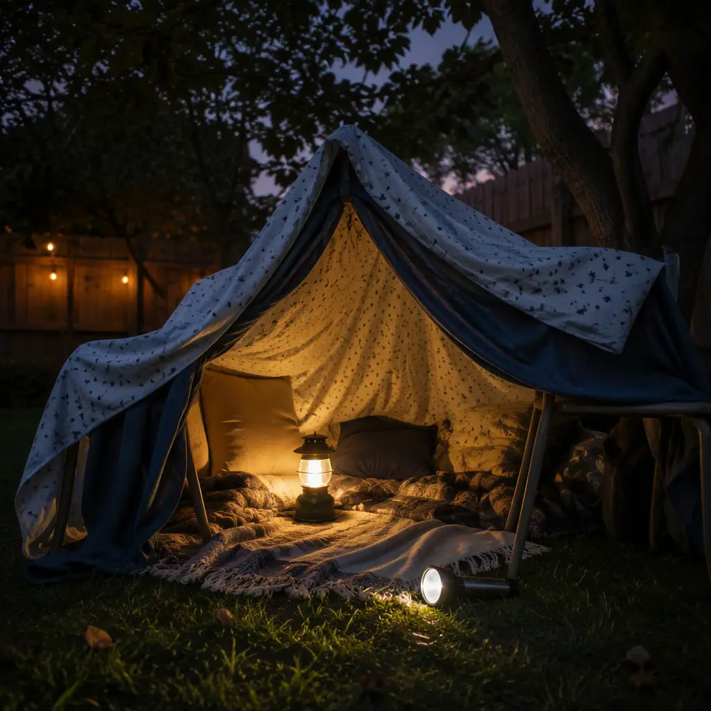 Backyard blanket fort lit by a toy lantern and flashlight