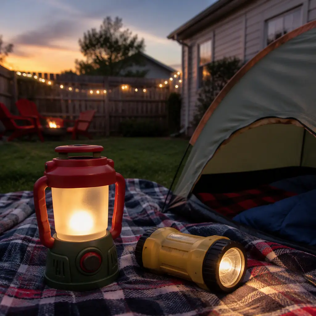 Toy lantern and flashlight beside a backyard tent at dusk