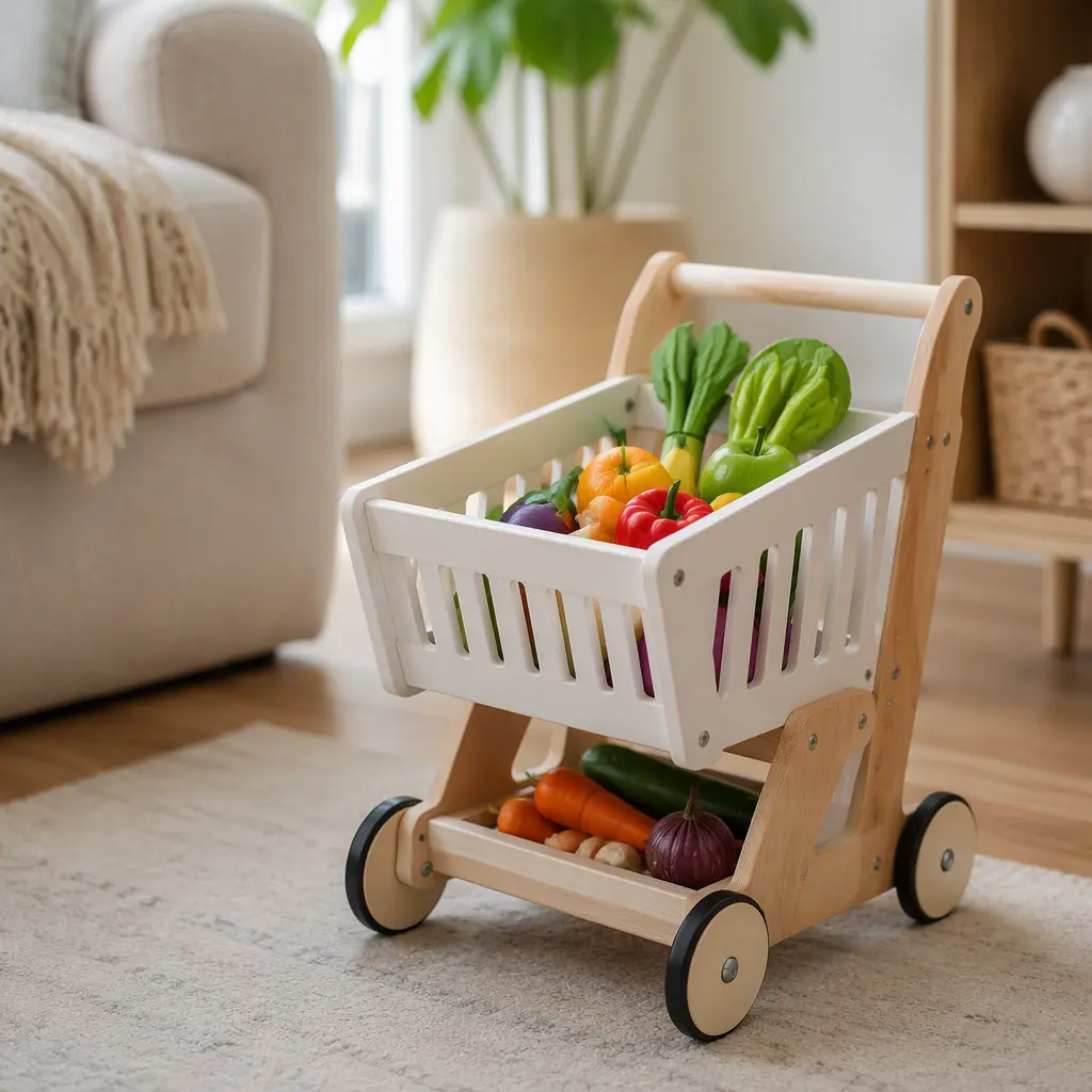 Wooden toy grocery cart filled with pretend groceries