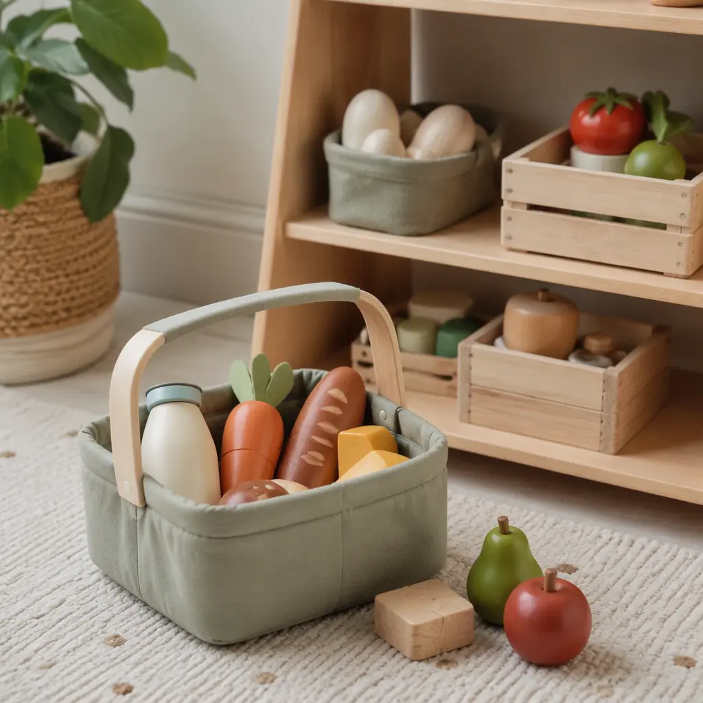Soft toy shopping basket with pretend groceries in a toddler play area