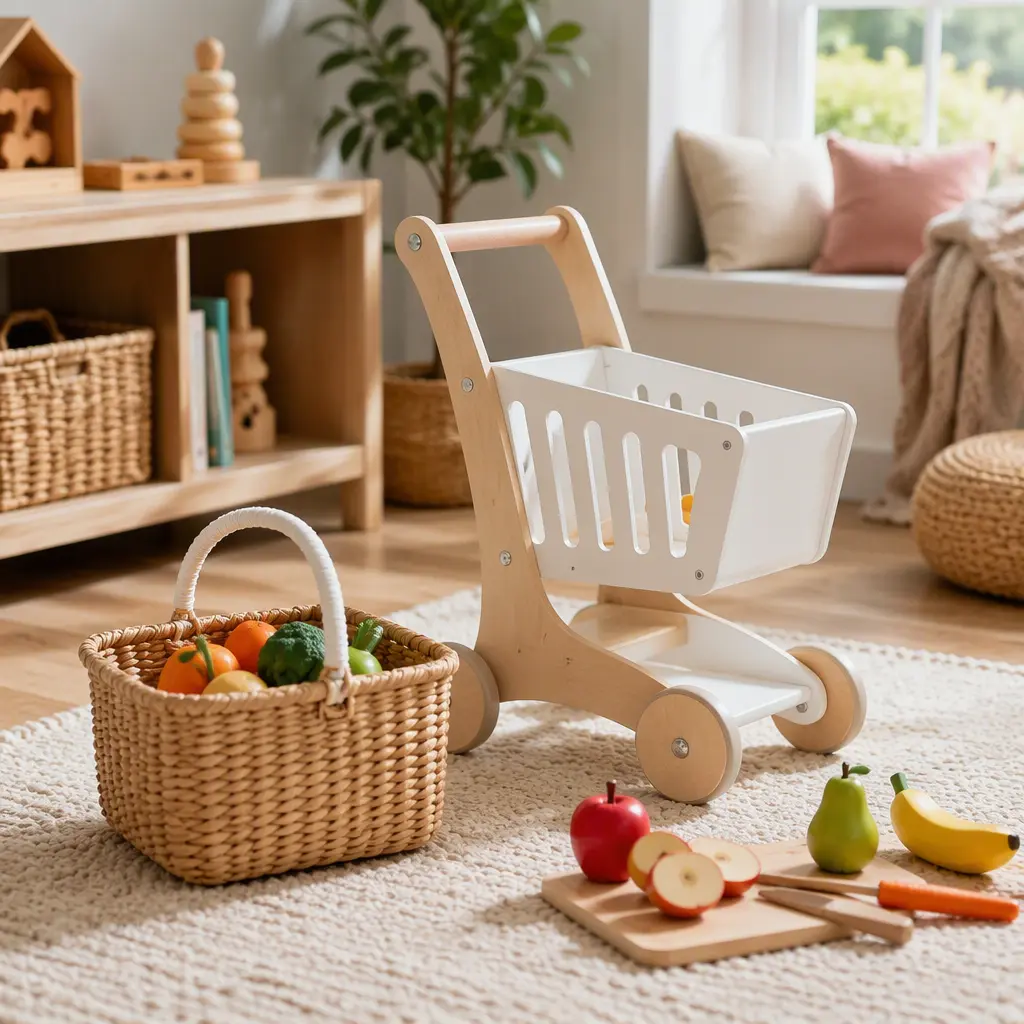 Toy grocery cart and toy shopping basket beside pretend food in a toddler playroom