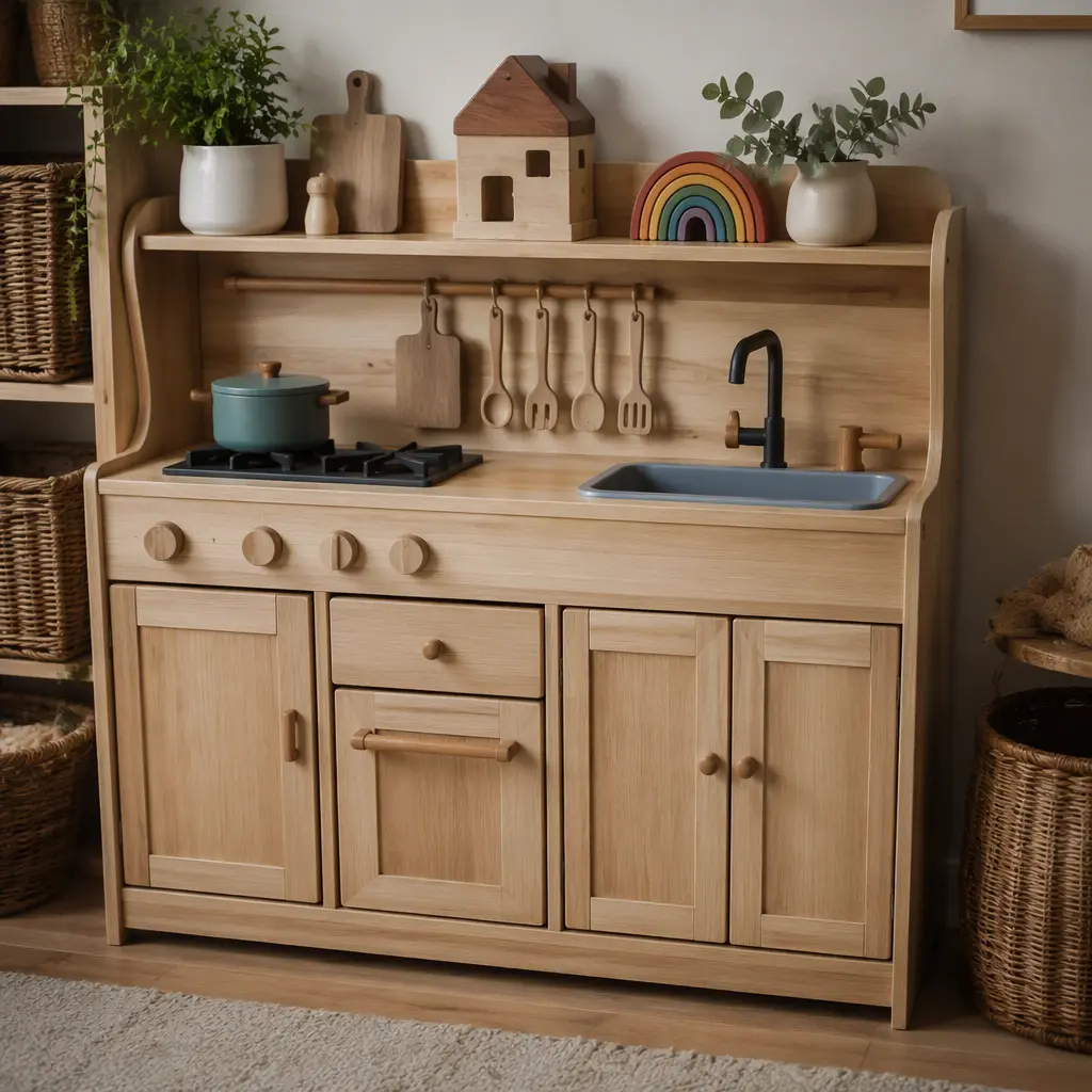 Toy kitchen with built-in storage compartments and organized accessories.