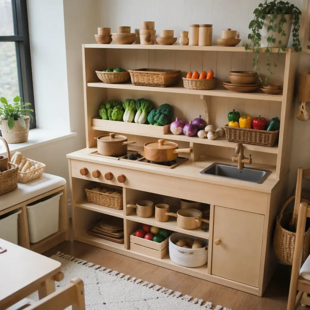 Open shelving toy kitchen with visible pretend food and cookware.