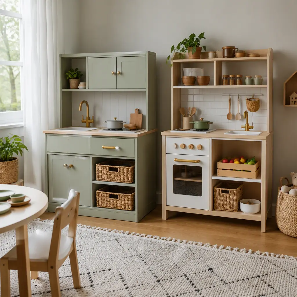 Two styles of toy kitchen in a bright playroom, one with closed storage and one with open shelving.