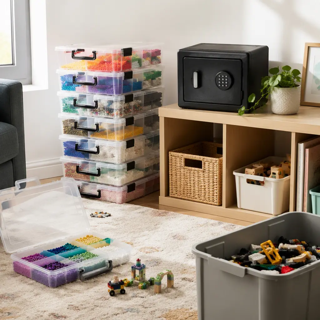 Locking craft organizers and a toy safe used for small toy storage
