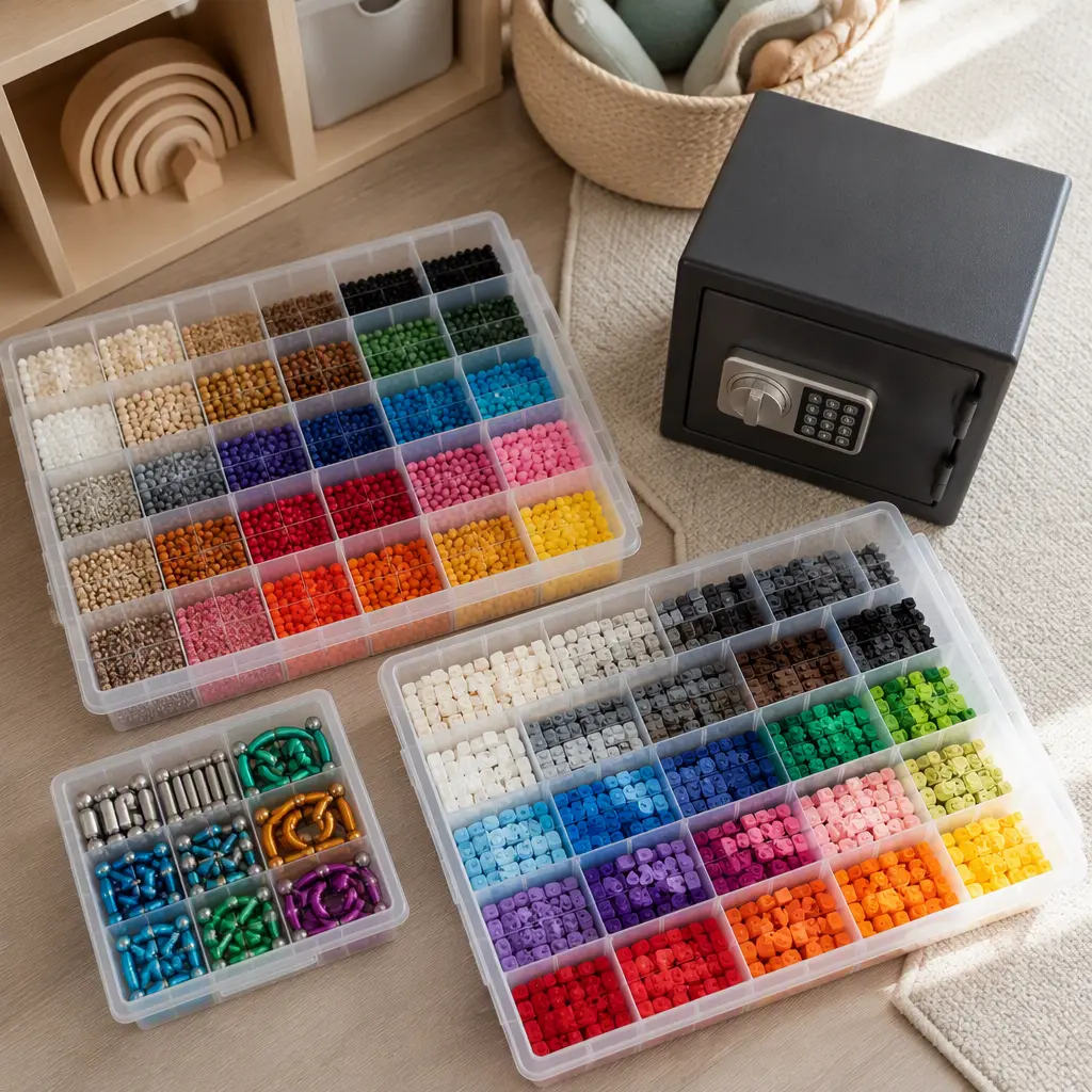 Sorted tiny toy parts in compartment organizers beside a locking safe