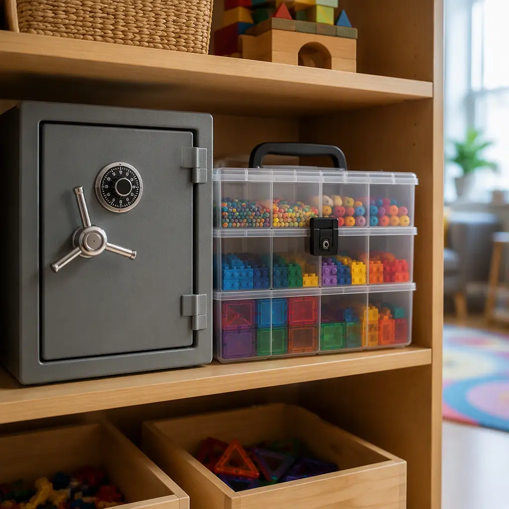 Tiny toy parts stored in a toy safe and locking craft box on a playroom shelf